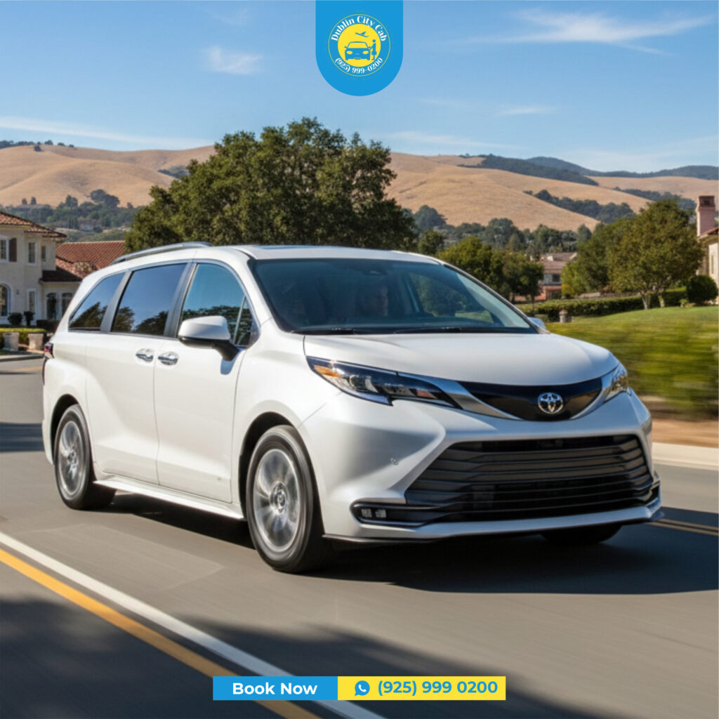 Reliable taxi service in Dublin, California, featuring a clean, white Toyota Sienna minivan from Dublin City Cab for airport transfers and local rides