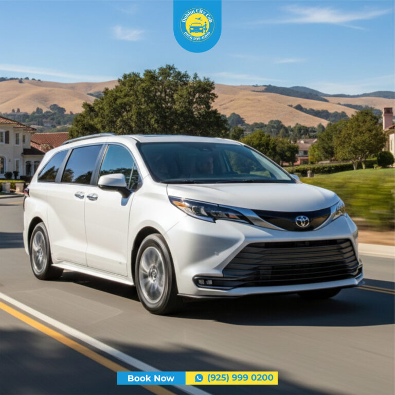 Reliable taxi service in Dublin, California, featuring a clean, white Toyota Sienna minivan from Dublin City Cab for airport transfers and local rides