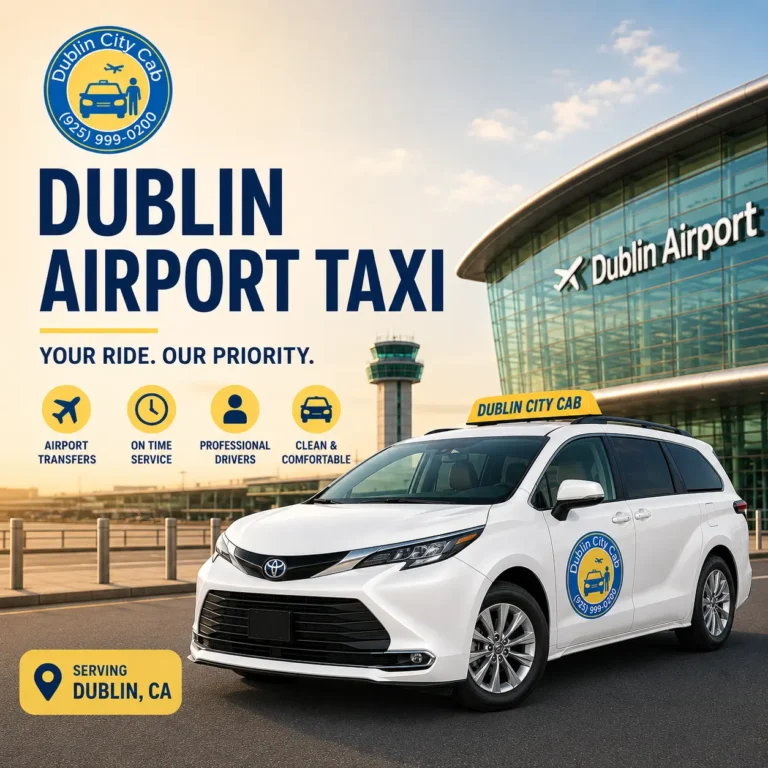 Dublin Airport Taxi advertisement with white taxi van at airport terminal.