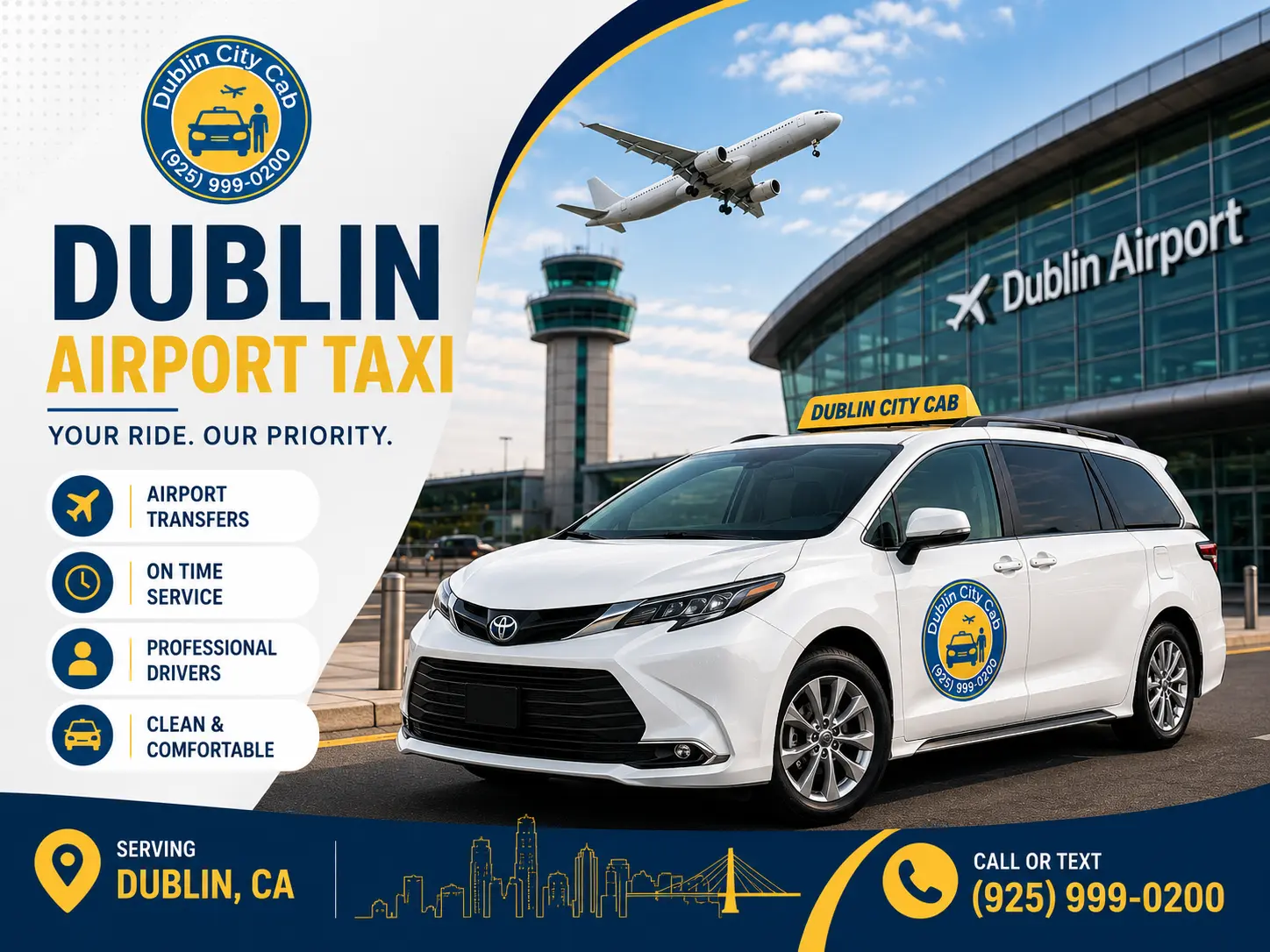 Dublin Airport Taxi advertisement with white taxi van at airport terminal.