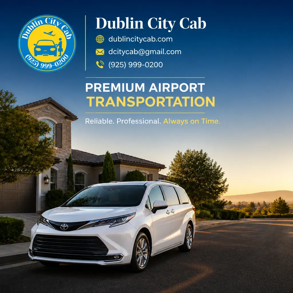 A branded visual for Dublin City Cab about Dublin CA to SFO airport transportation and trip planning.
