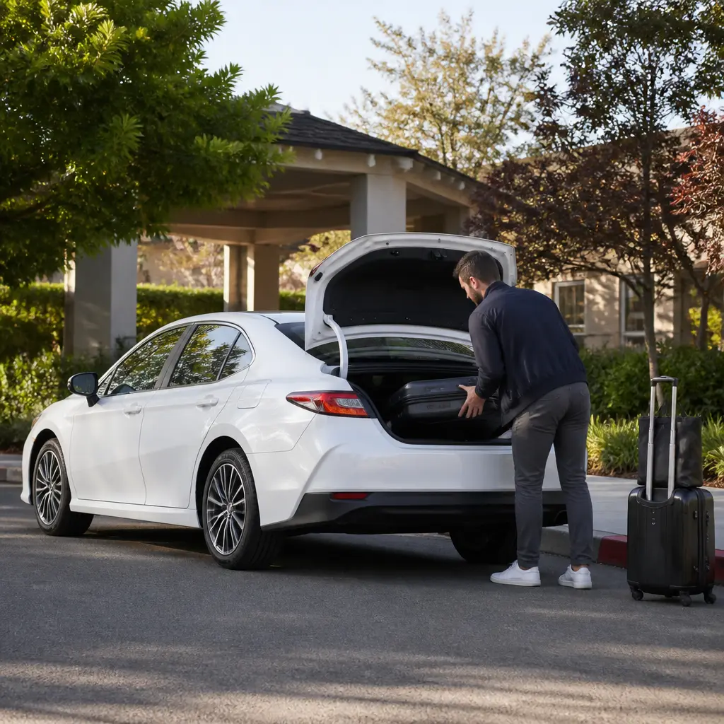 Traveler loading luggage into an airport cab near Blackhawk