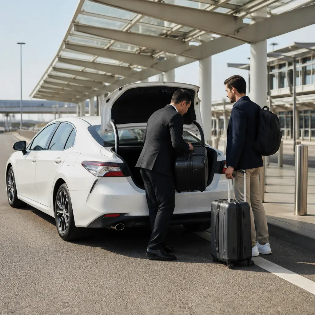 Driver helping a traveler with luggage at an airport pickup area