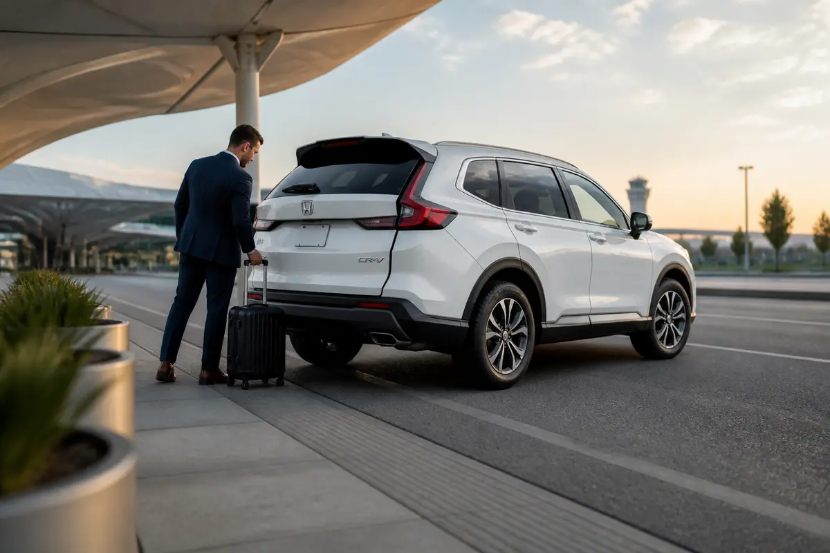 Airport traveler loading suitcases into a spacious sedan