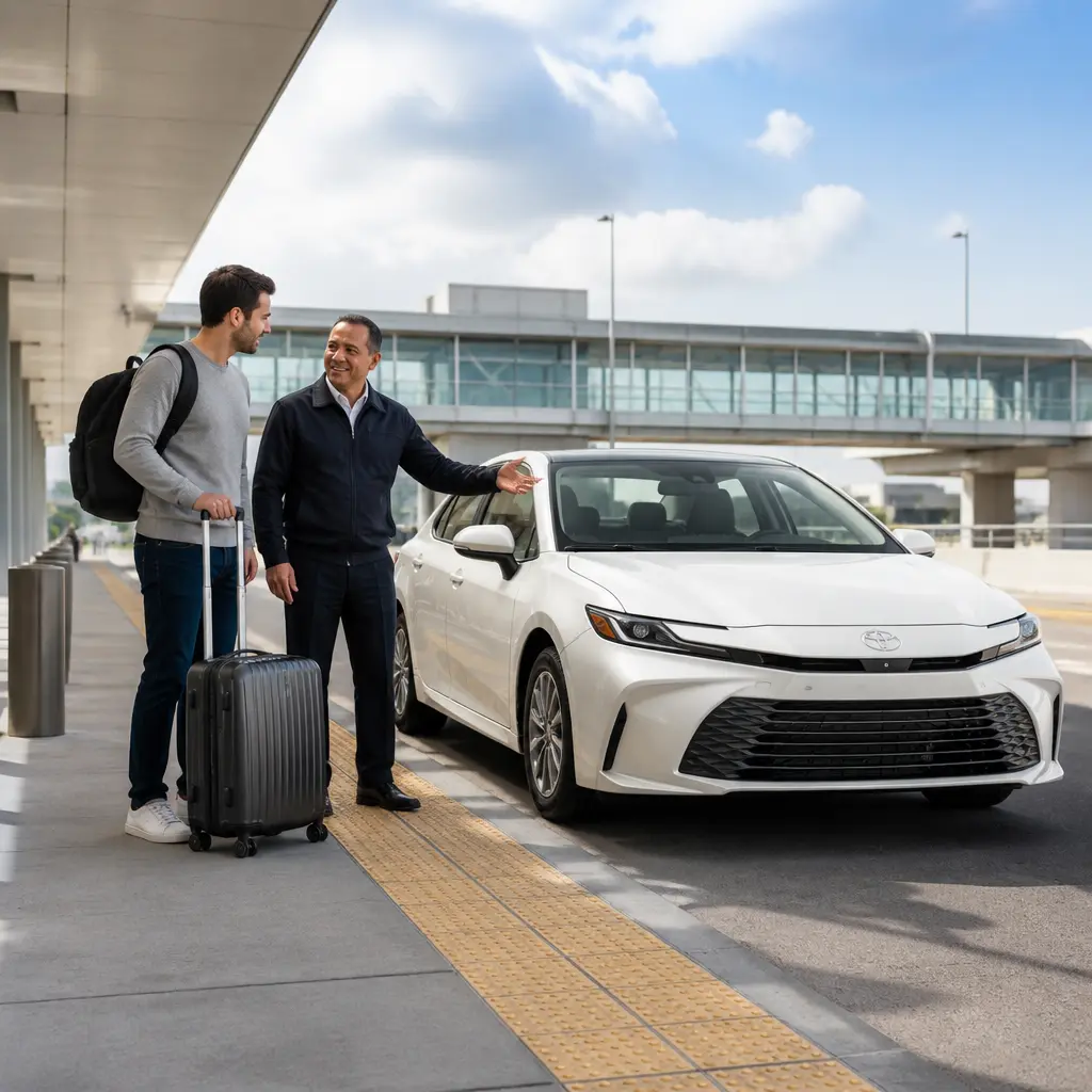 Driver assisting a traveler with luggage for airport transportation