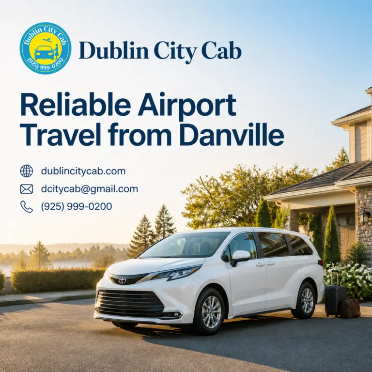 Branded visual for Danville to SFO airport transportation, showing a white 2026 Toyota Sienna in a professional travel setting.