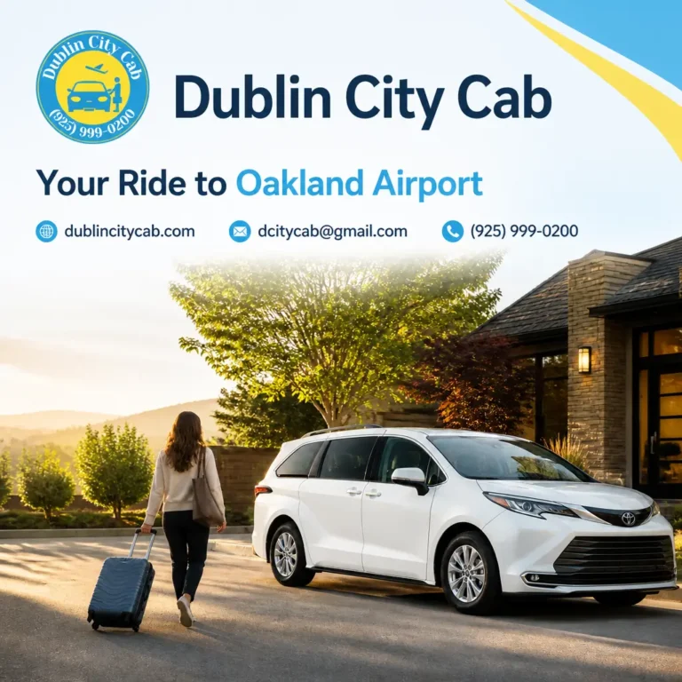 Branded visual for Dublin CA to Oakland Airport transportation with a white 2026 Toyota Sienna in a modern travel setting.