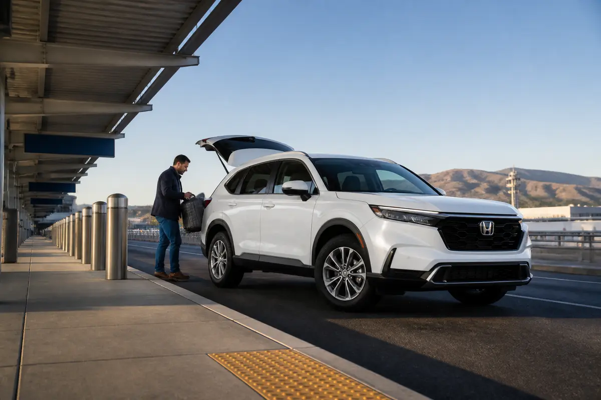 Airport traveller checking luggage beside a car before leaving for SFO