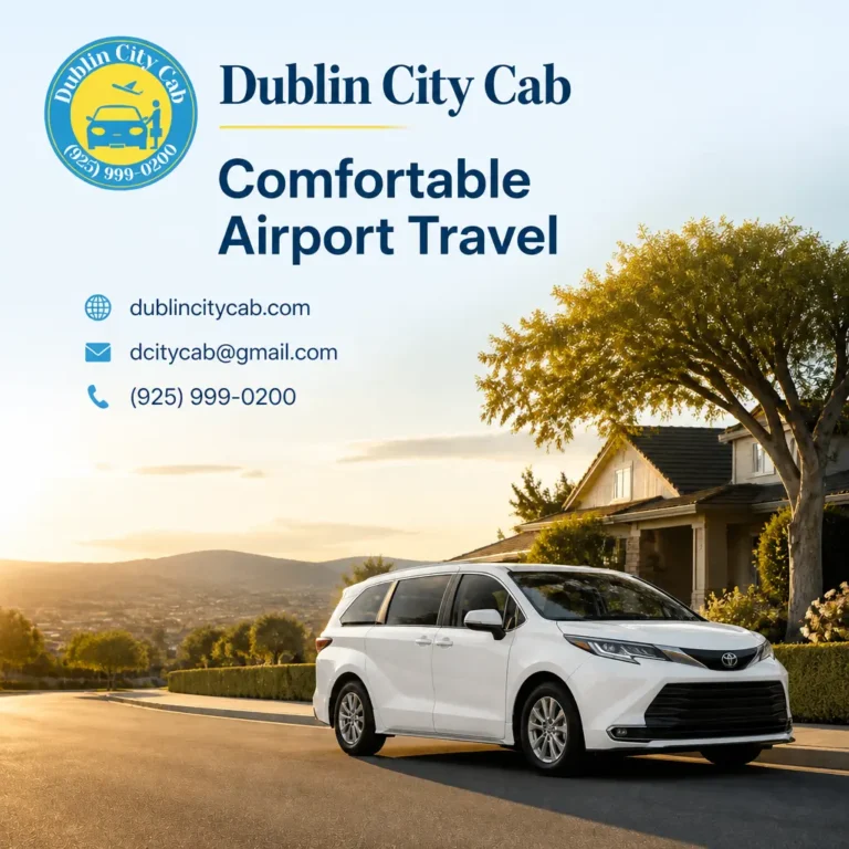 A branded visual for Pleasanton to Oakland Airport transportation with a modern white vehicle and airport travel theme.