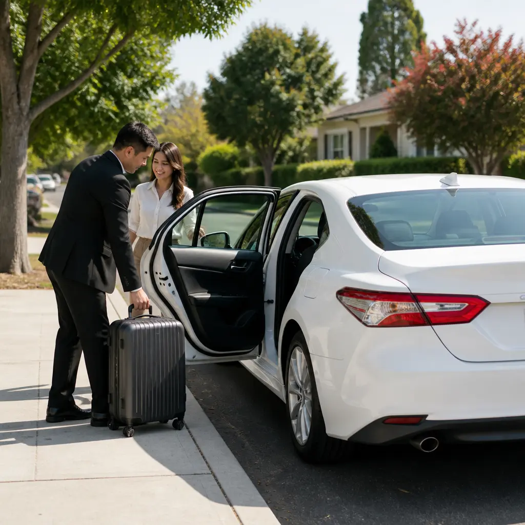 Driver assisting a passenger with luggage beside a taxi
