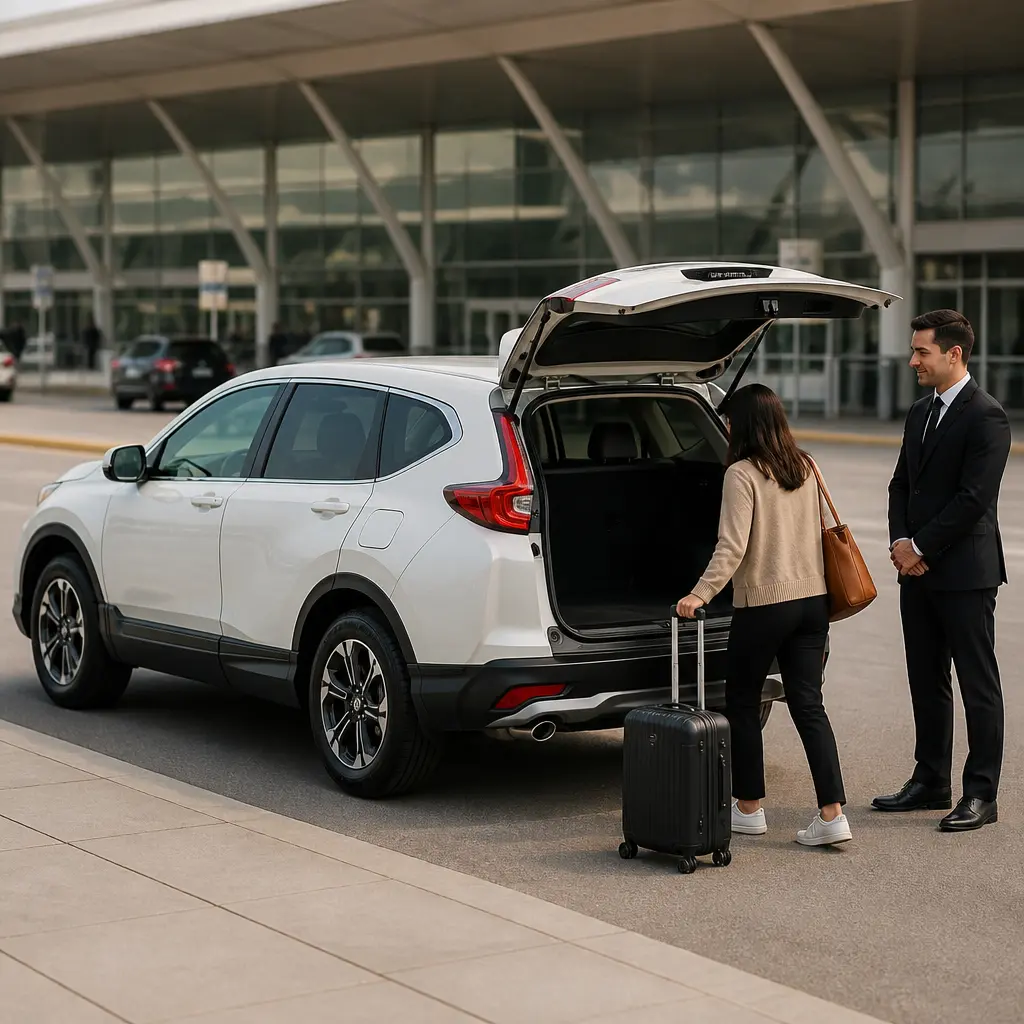 Traveler with luggage getting into a taxi for an airport trip