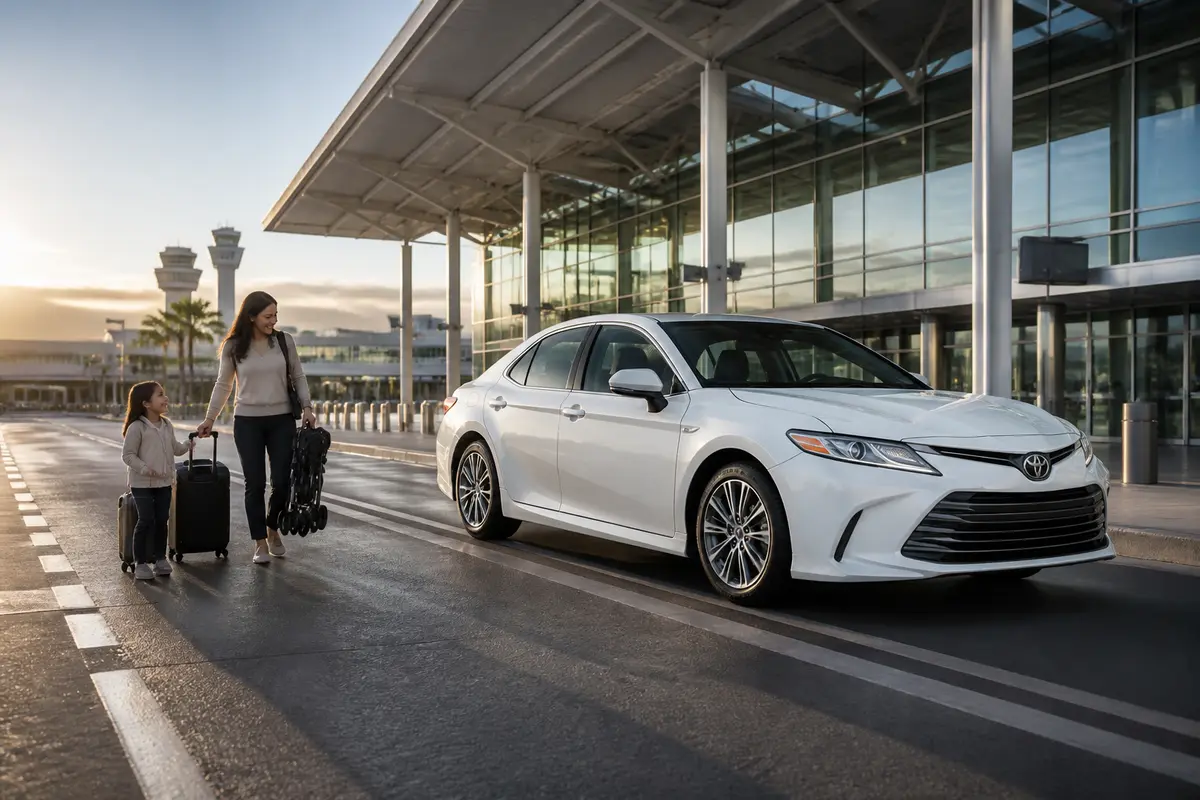 Airport Transportation Tips for Families: How to Make Airport Travel Easier, Safer, and Less Stressful 6 Child car seat securely positioned in the back seat of a vehicle