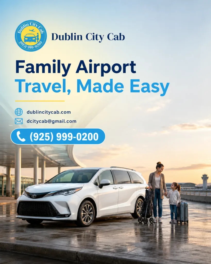 Family traveling with luggage in a white Toyota Sienna near an airport terminal