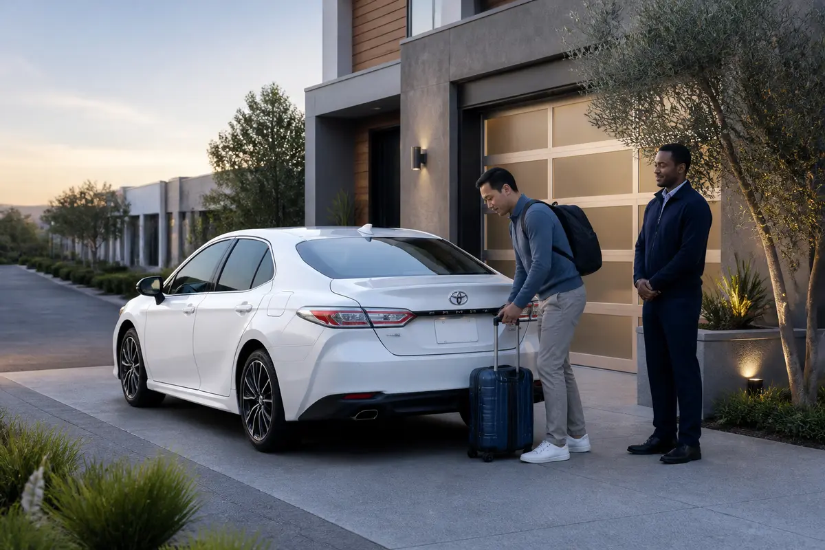 Airport Transportation Tips for Pleasanton Families 6 Airport-bound vehicle arriving at a terminal drop-off area with family luggage