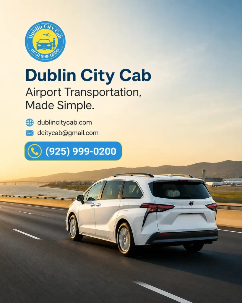 A white 2026 Toyota Sienna on a roadway, representing an airport transfer from Blackhawk to SFO
