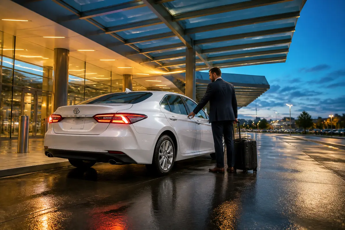 Airport traveler meeting a taxi outside an arrivals terminal at night
