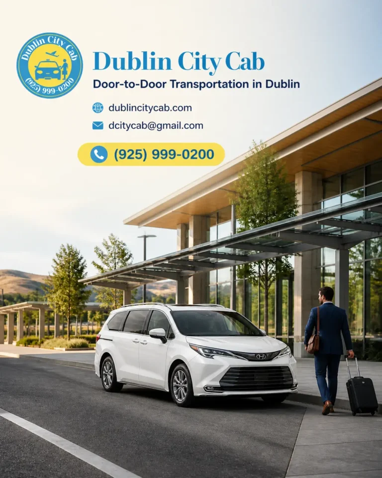 A white taxi or rideshare vehicle near Dublin/Pleasanton BART Station for local and airport travel.